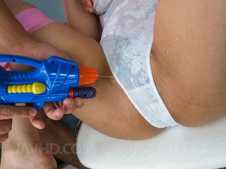 Ren Azumi Asian has hairy cunt rubbed and fucked with vibrators